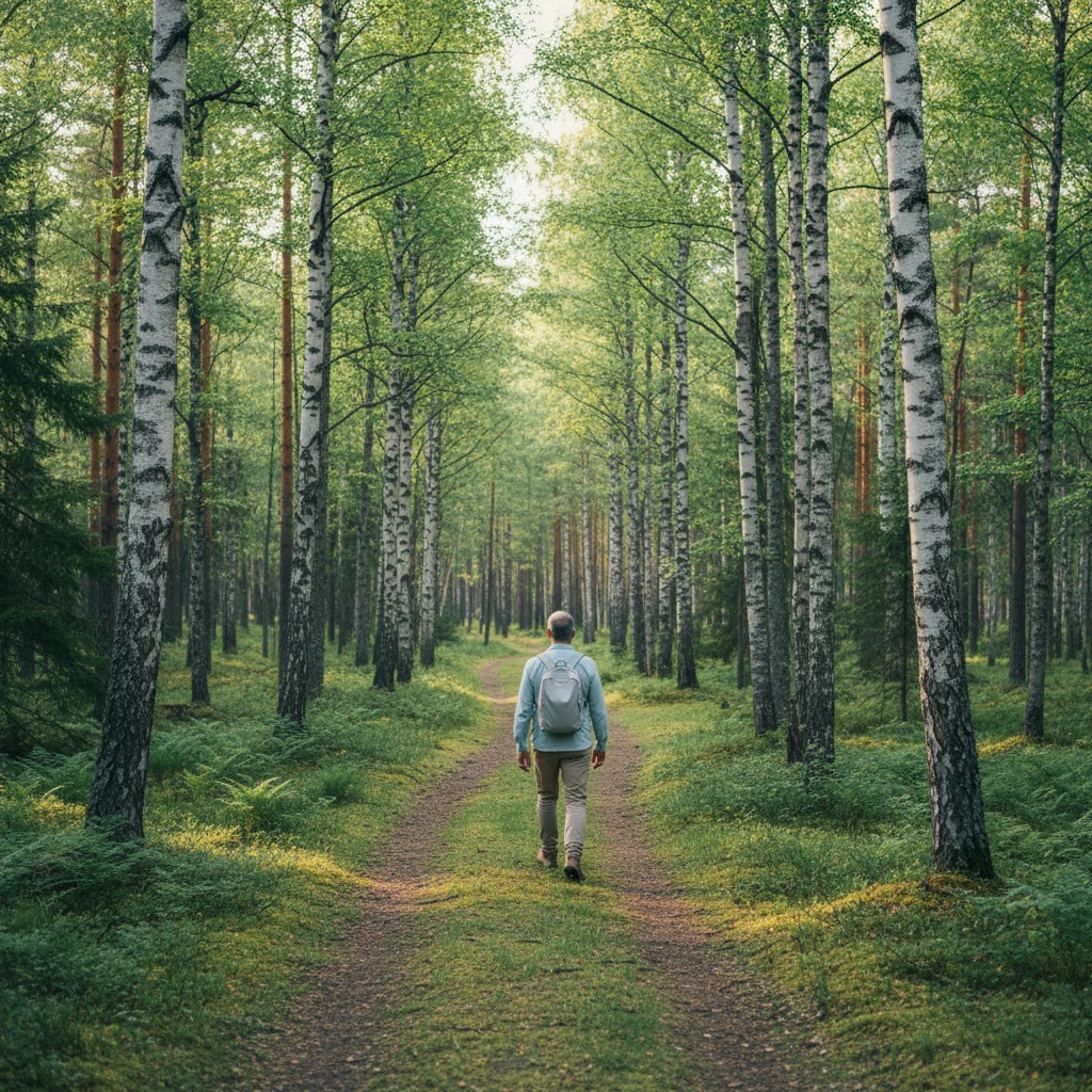 Mies kävelee suomalaisessa metsässä kesäaamussa - aktiivinen elämäntapa tukee miehen virtsaterveyttä